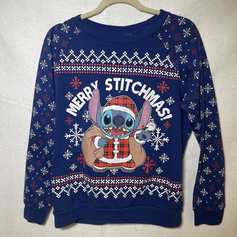 Disney Stitch Christmas Shirt Merry Stitchmas Snowflakes Womens Sz L READ